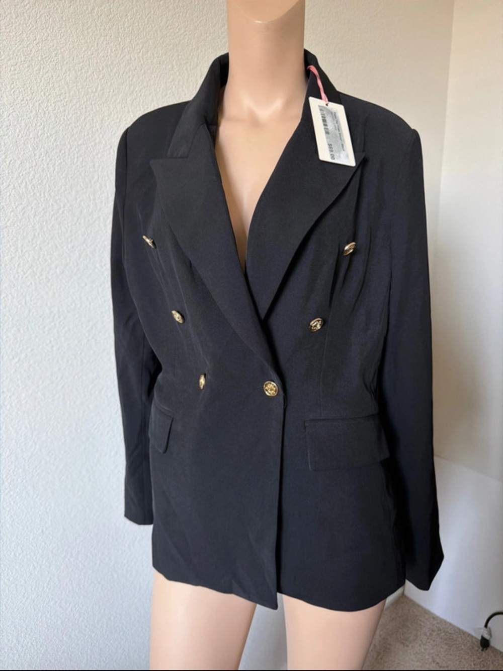 NWT Entro Double-Breasted Black Blazer with Gold Buttons Large
